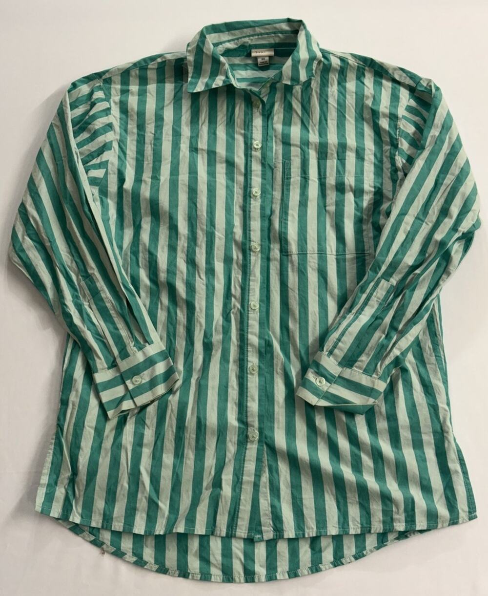 A New Day Womenโs XS Green White Striped Button Down Shirt Long Sleeve
